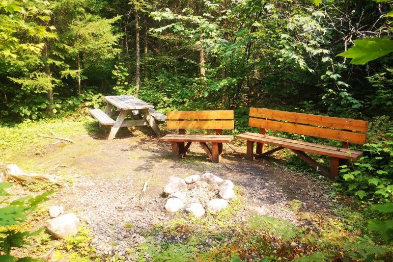 vue extérieur du coin feu et de la table à pique-nique du chalet perché