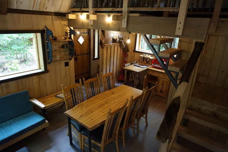 View of the living room and entrance to the Viking House, including the solid wood door.