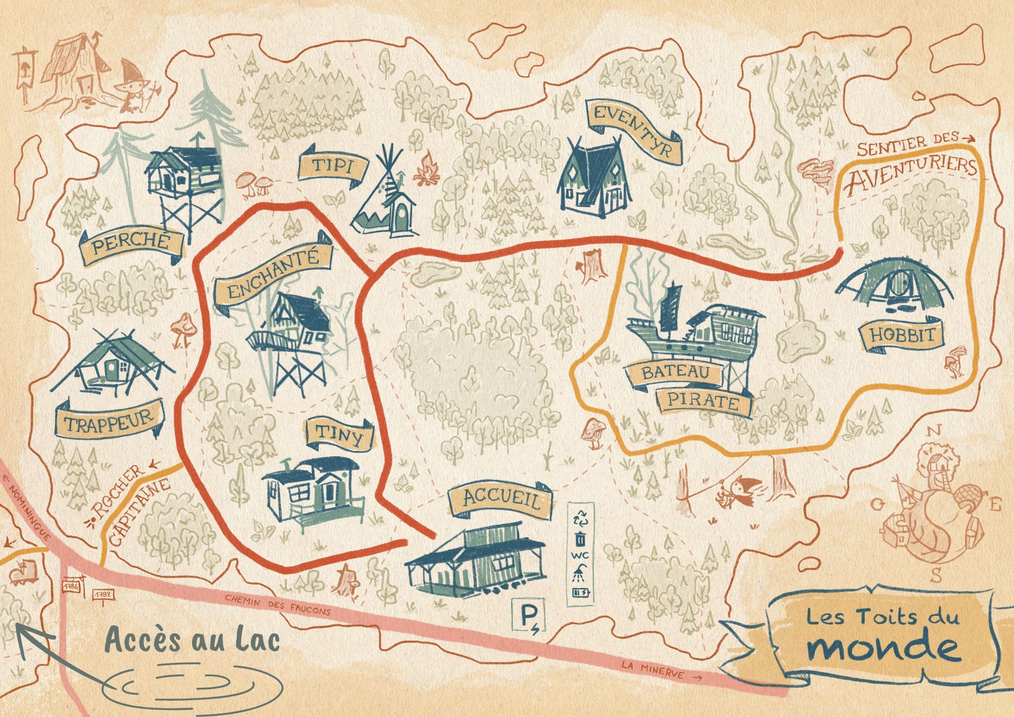 plan du site des Toits du Monde et de la localisation des hébergements de prêt à camper